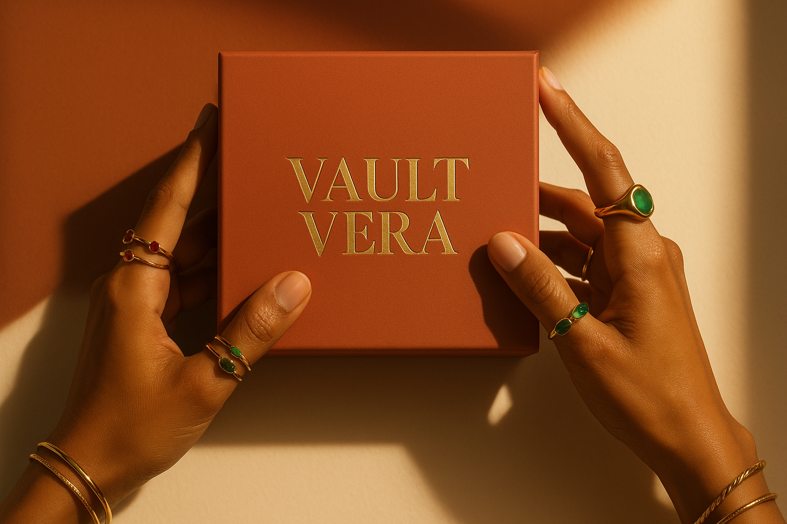 the jewlery needs to be different on each hand. add a large asymmetric gold ring to one index finger 